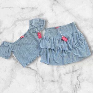 NEW Simply Southern Blue Top and Mini Skirt Set Ruched Crop Top XL / Skirt L